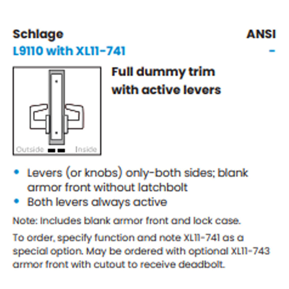 Schlage L9110 - Full Dummy Trim with Active Levers - Grade 1 Mortise Non-Keyed Lever Lock