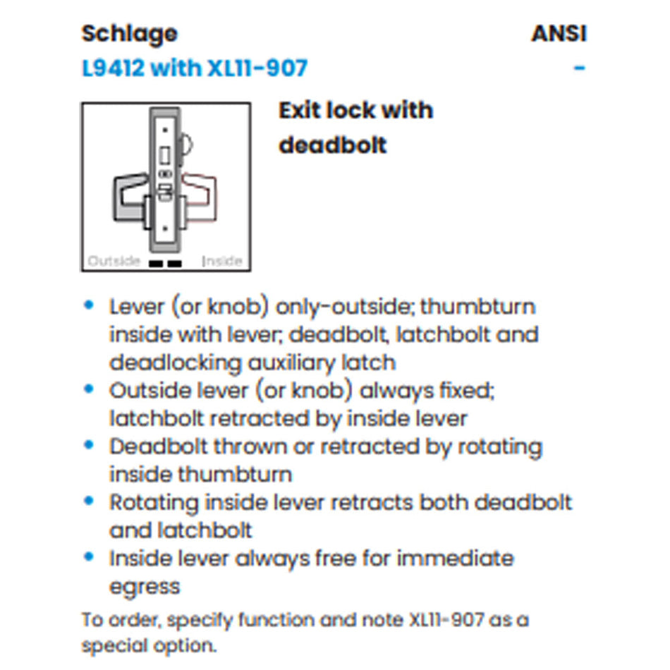 Schlage L9412 - Exit Lock with Deadbolt - Grade 1 Mortise Non-Keyed Lever Lock