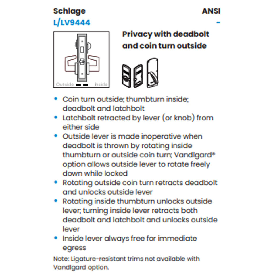 Schlage L9444 - Privacy With Deadbolt and Coin Turner - Grade 1 Mortise Non-Keyed Lever Lock