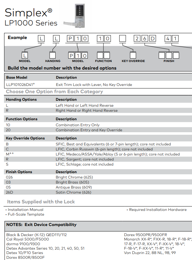Simplex LP1020 Exit Trim Lock with Lever, with Key Override LP1000 Series