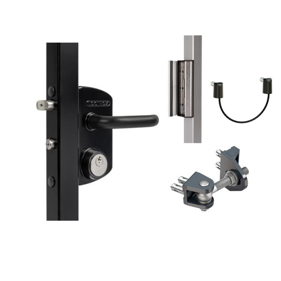 Locinox LUKY Set Surface Mount Lock, Adjustable Keep, Bolt on Hinge, Safety Cable for Gates