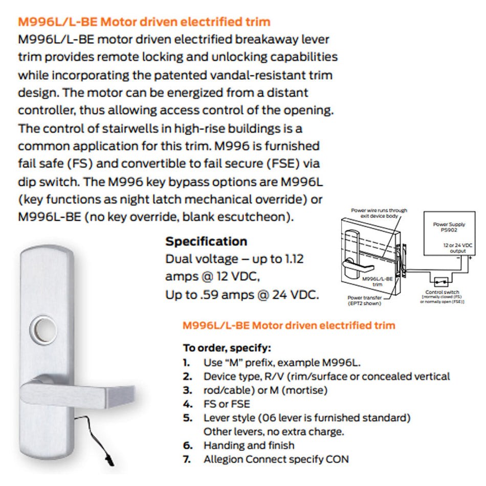 Von Duprin M996L-BE-M - Motorized Lever, Blank Escutcheon Trim for Mortise Lock 98/99 Series Exit Devices