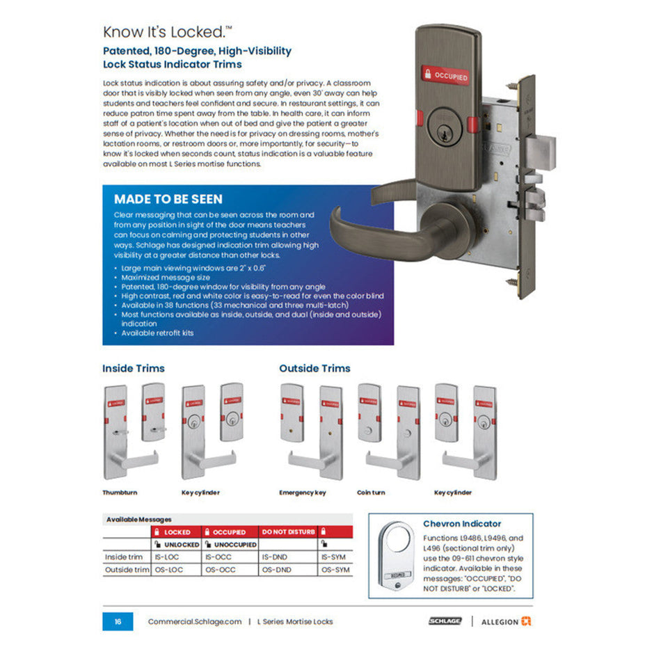 Schlage LV9060 - Vandlgard Apartment Entrance Mortise Lock - Grade 1 Non-Deadbolt Function Double Cylinder Keyed Lever Lock, Interior Indicator Displays "Locked/Unlocked"