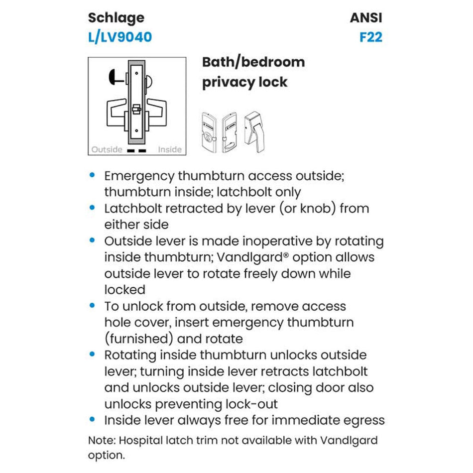 Schlage L9040 - Grade 1 Bed Bathroom Privacy Mortise Lock, Non-Keyed, Interior Indicator "LOCKED/UNLOCKED"