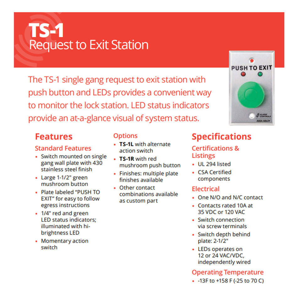 Alarm Controls TS-1 Request to Exit Station | LED Push to Exit Button