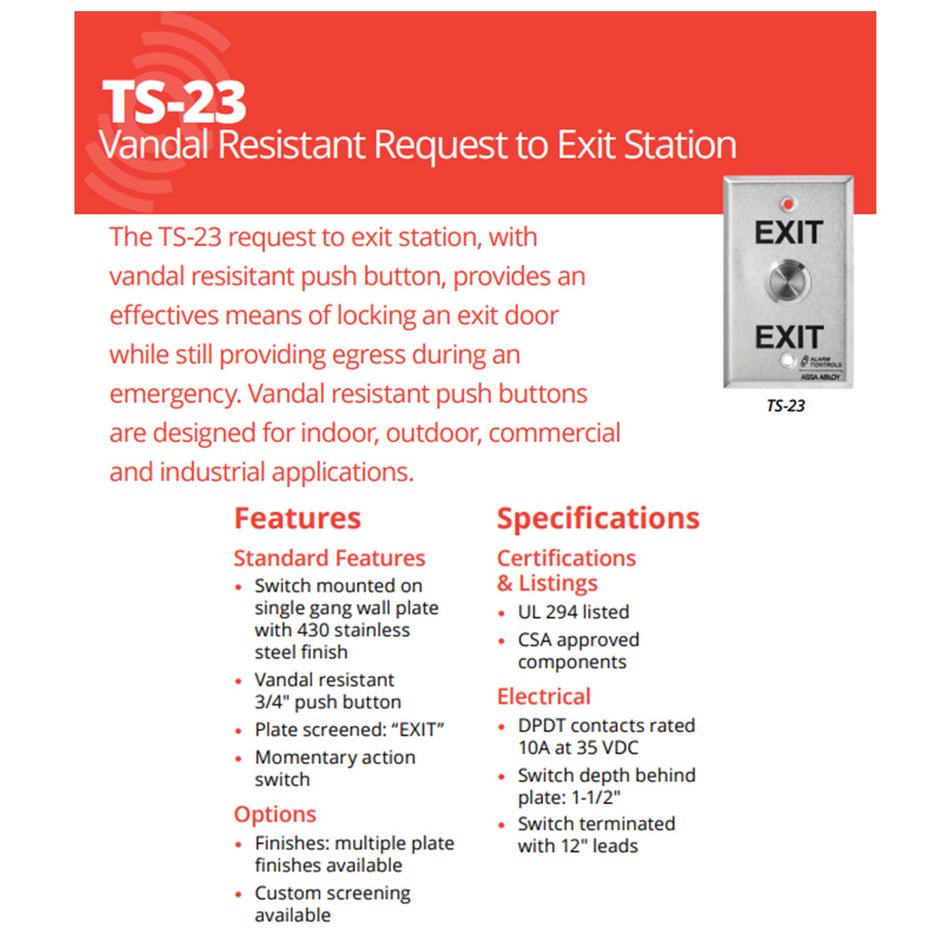 Alarm Controls TS-23 Vandal Resistant Request to Exit Station