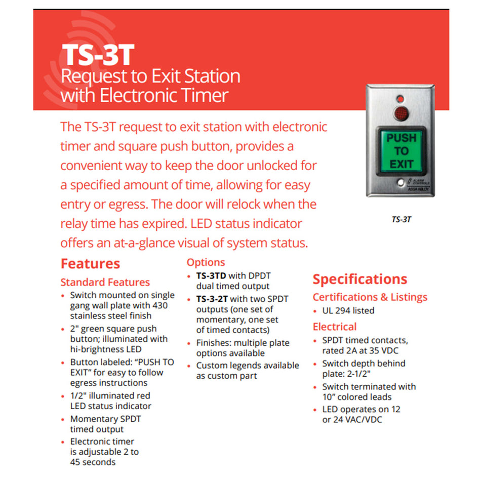 Alarm Controls TS-3T Timed Request to Exit Station | Push to Exit Button