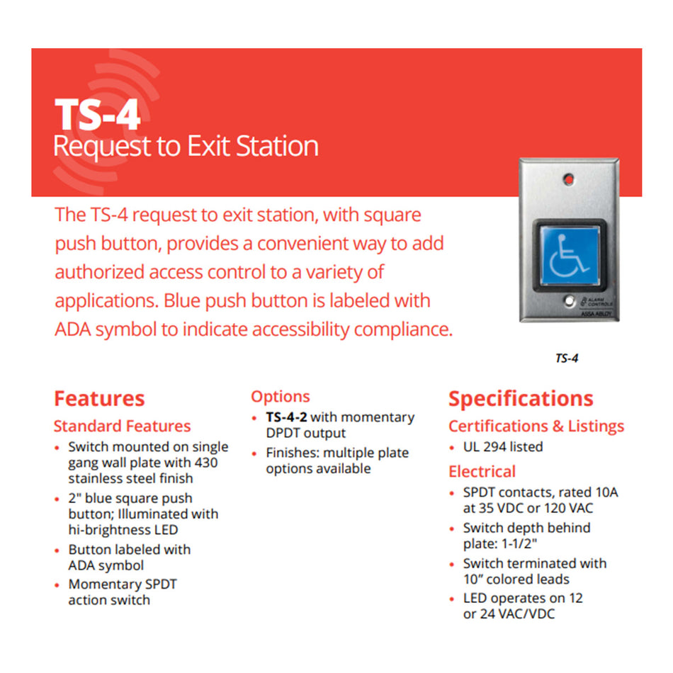 Alarm Controls TS-4 ADA Request to Exit Station | Illuminated Blue Push Button