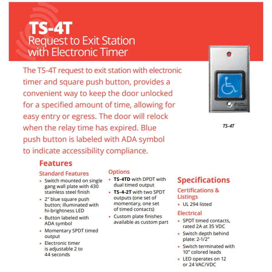Alarm Controls TS-4T Request to Exit Station with Electronic Timer