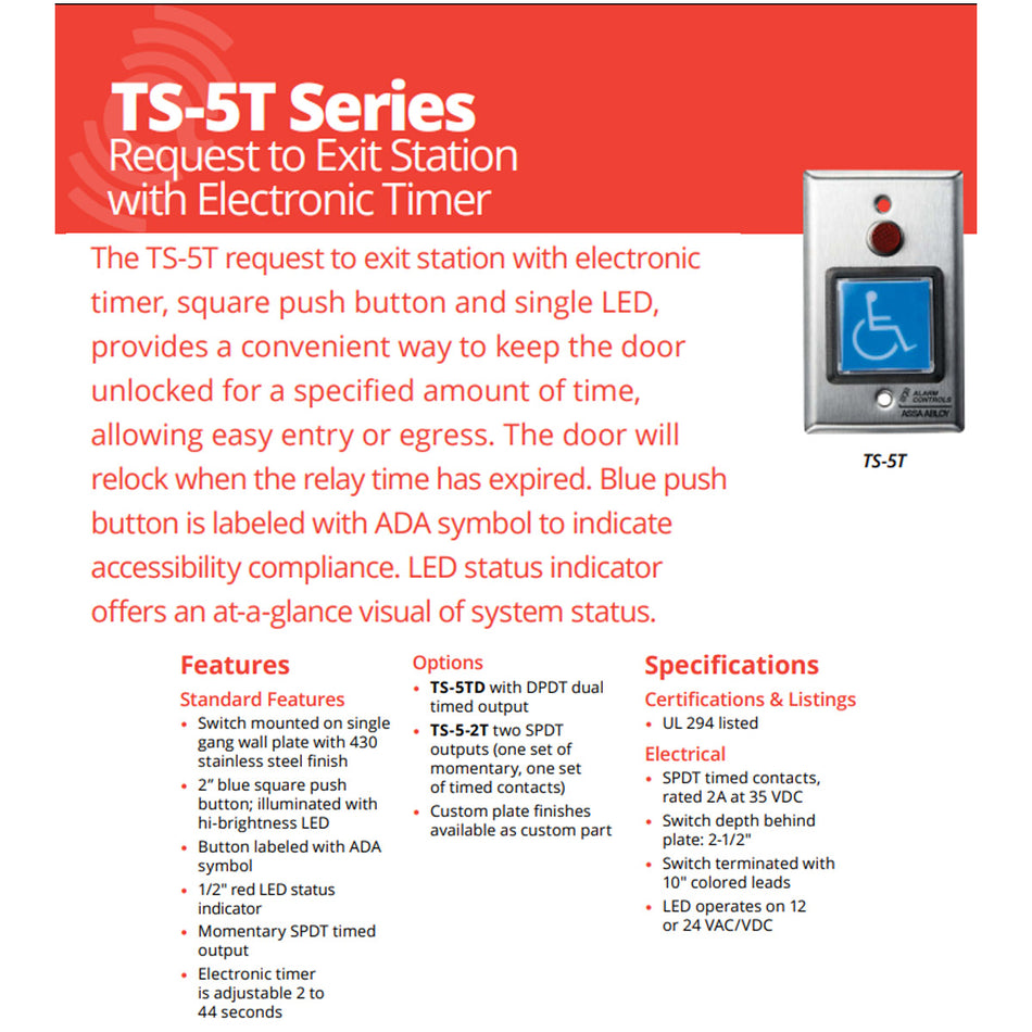 Alarm Controls TS-5T Series Request to Exit Station with Electronic Timer