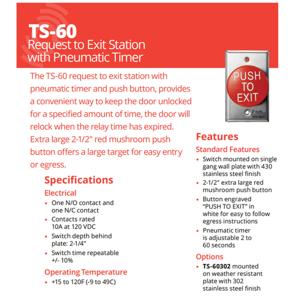 Alarm Controls TS-60 Request to Exit Station with Pneumatic Timer