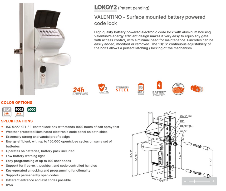 Locinox VALENTINO for Round Post - Surface mounted battery powered code lock