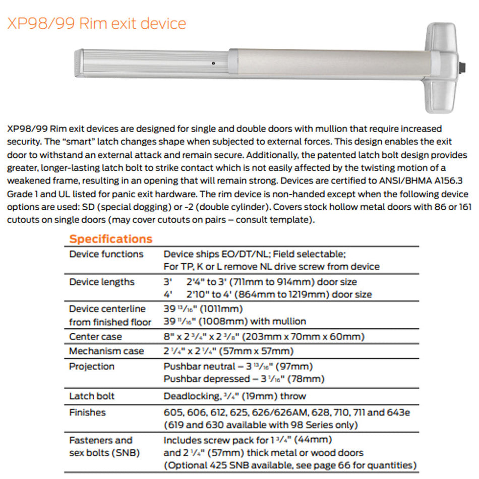 Von Duprin XP98EO/XP99EO - Exit Only Rim Exit Device