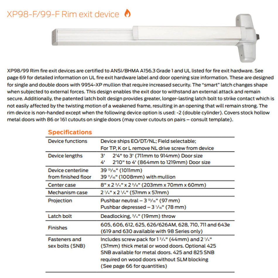 Von Duprin XP98EO-F/XP99EO-F - Exit Only Rim Exit Device - Fire Rated