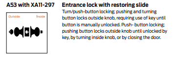 Schlage A53 with XA11-297 Entrance Lock with Restoring Slide - Grade 2 Cylindrical Keyed Knob Lock