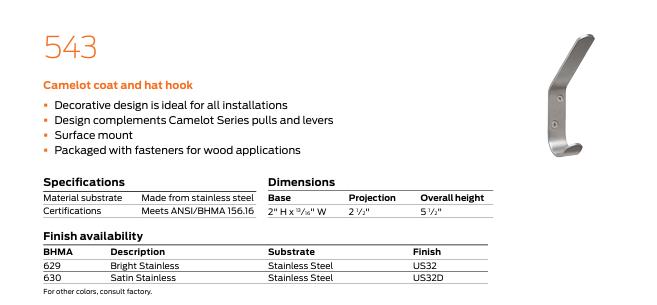 Ives - 543 Camelot Stainless Steel Coat and Hat Hook