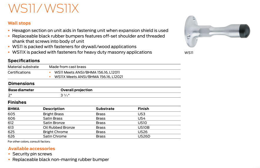 Ives - WS11 Wall Stop for Drywall Mounting