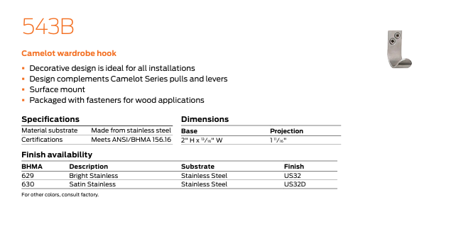 Ives - 543B Camelot Stainless Steel Wardrobe Hook