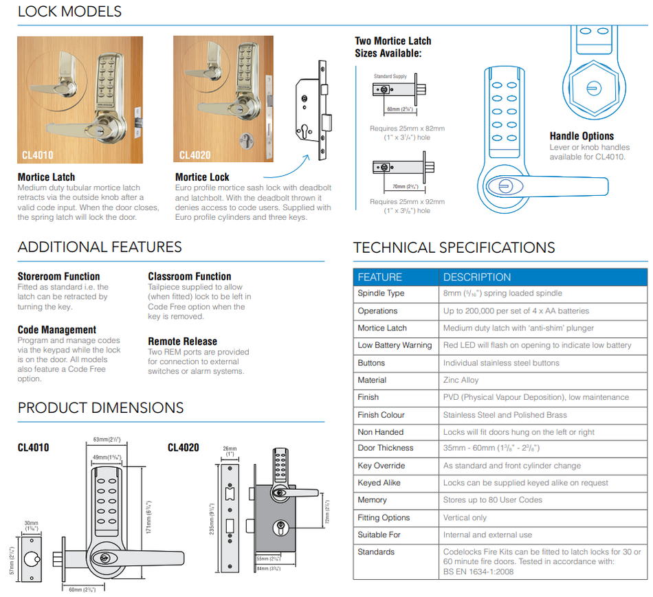 Codelocks CL4210 Medium Duty Electronic Standalone Lever Lock