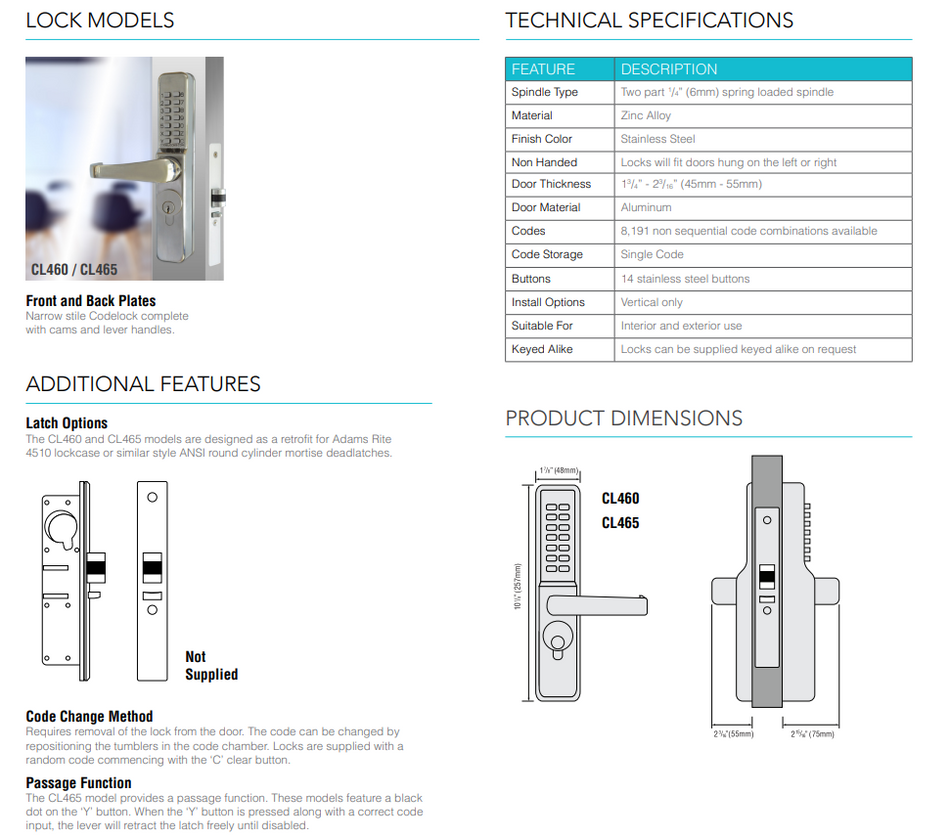 Codelocks CL460 / CL465 Narrow Stile Pushbutton Lever Lock