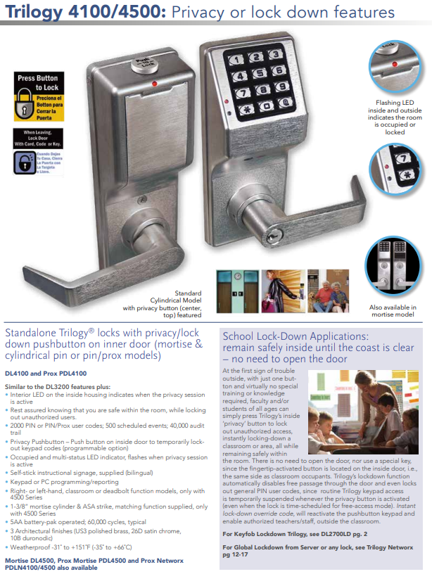 Alarm Lock PDL4100 Prox Locks with Privacy/Lock Down Pushbutton on Inner Door