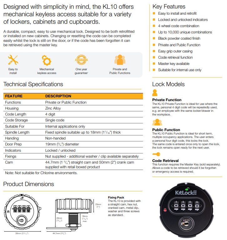 Codelocks KL10 KitLock Mechanical Combination Lock