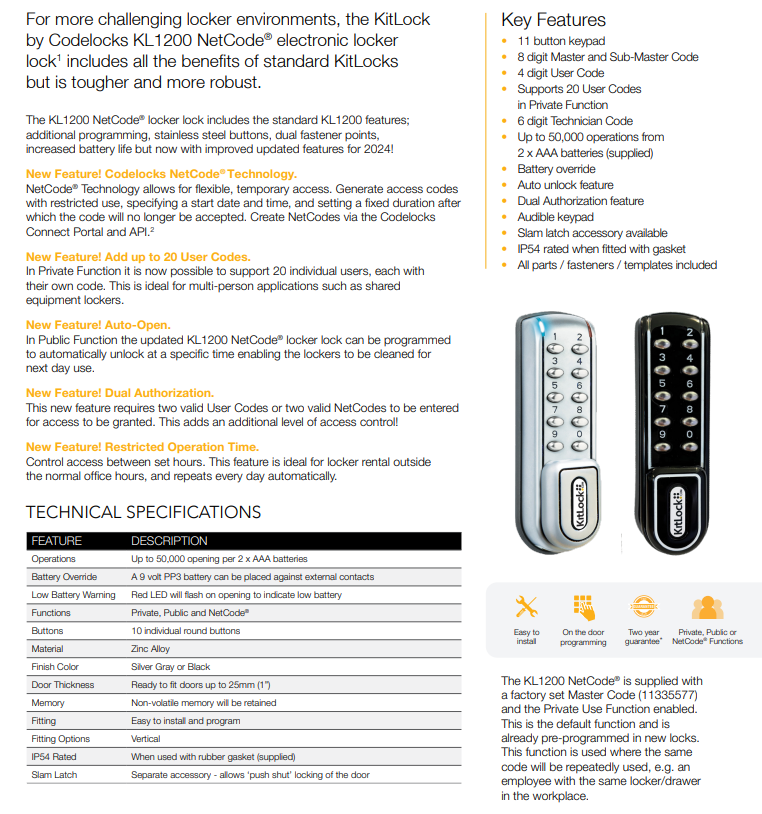 Codelocks KL1200 NetCode Electronic Locker Lock