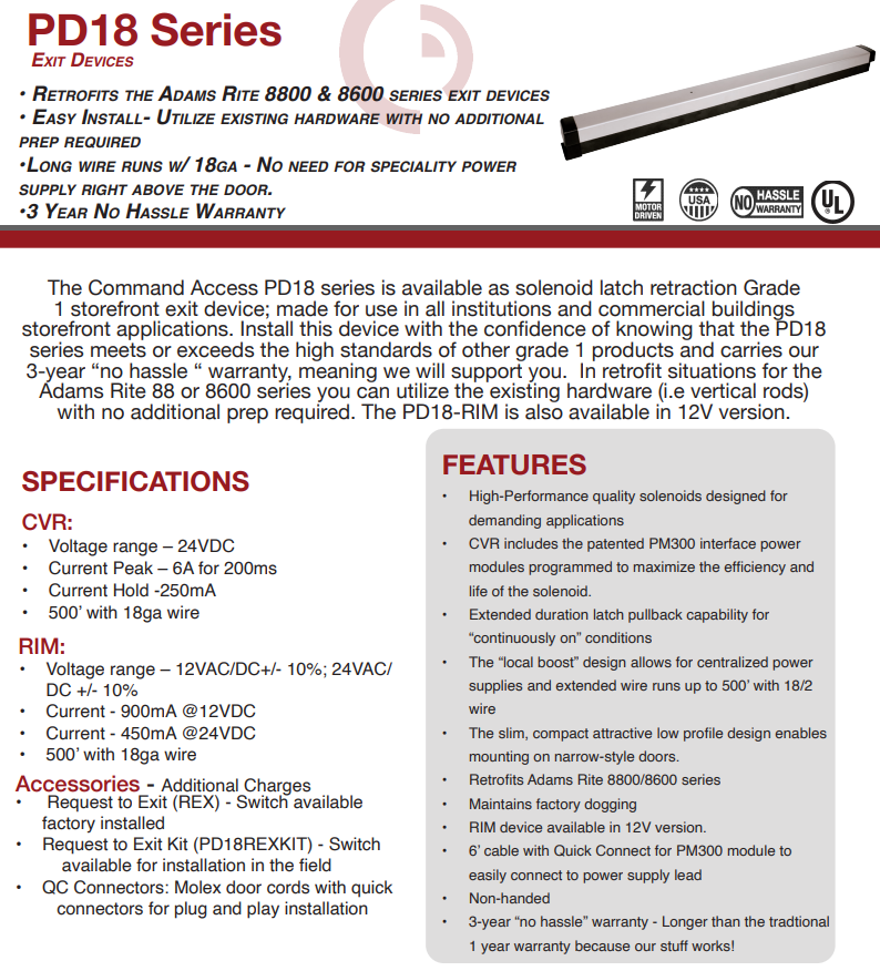 Command Pd18 Command Access PD18-RIM / PD19-RIM Rim Exit Device – Barzel Lock