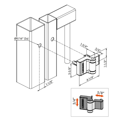 Locinox PUMA - Compact 2-way adjustable 180° surface mounted hinge (2 pieces)