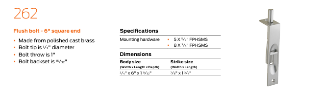 Ives - 262 Manual Flush Bolt