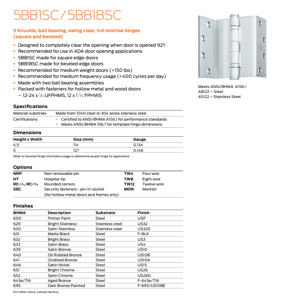 Ives - 5BB1 SC/BSC Steel, Square or Beveled Corner, 5 Knuckle, Ball Bearing, Swing Clear Mortise Hinge