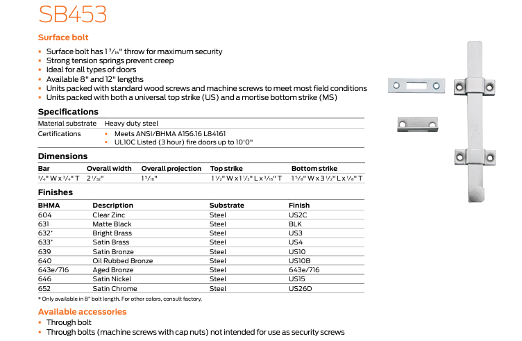 Ives - SB453 8" Steel Surface Bolt