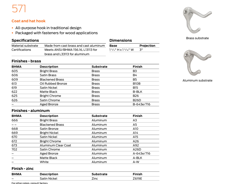 Ives - 571B Brass Coat and Hat Hook