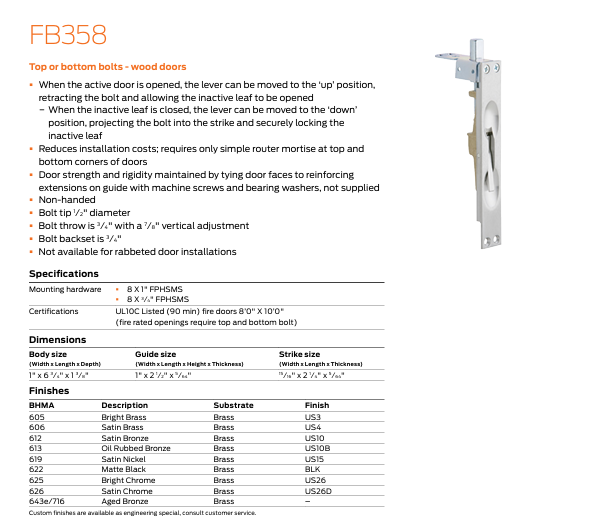 Ives - FB358 Top or Bottom Manual Flush Bolt
