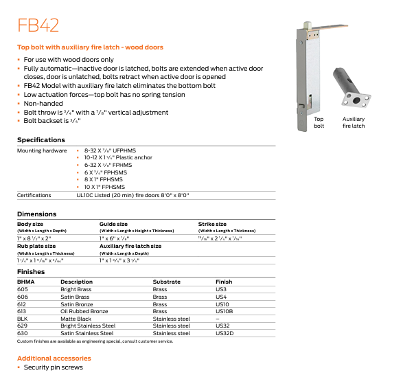 Ives - FB42 Top Automatic Flush Bolt for Wood Door with Auxiliary File Latch