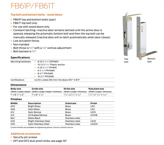 Ives - FB61 Constant Latching Top and Automatic Bottom Bolts