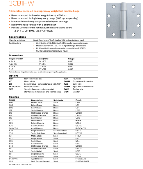 Ives - 3CB1HW Steel 3 Knuckle, Concealed Bearing Full Mortise Hinge