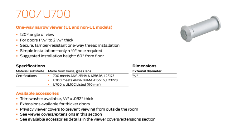 Ives - 700 One-Way Brass Narrow Viewer - UL