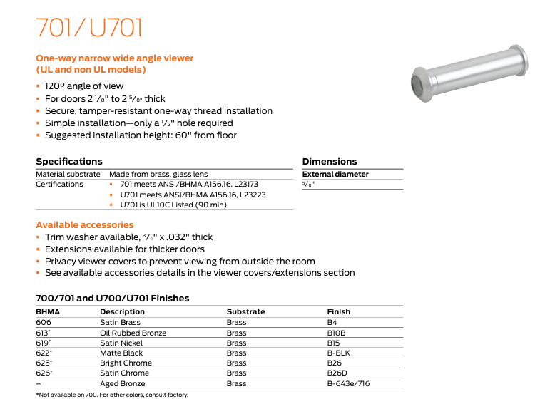 Ives - U701 One Way Brass Narrow Viewer for Thicker Doors - UL