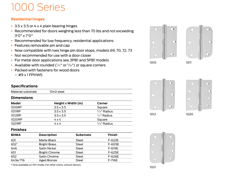 Ives - 1020RP Steel Square Corner Removable Pin 4 x 4 Plain Bearing Hinges (Quantity 3)