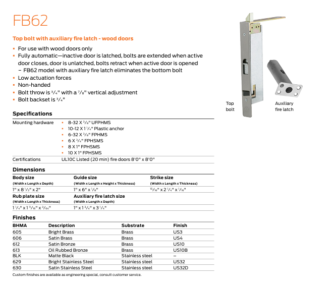 Ives - FB62 Top Flush Bolt with Auxiliary Fire Latch