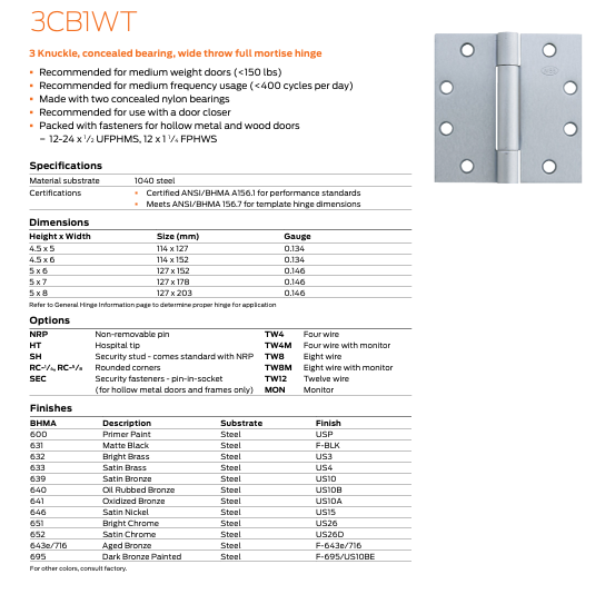 Ives - 3CB1WT Steel 3 Knuckle, Concealed Bearing, Wide Throw Full Mortise Hinge