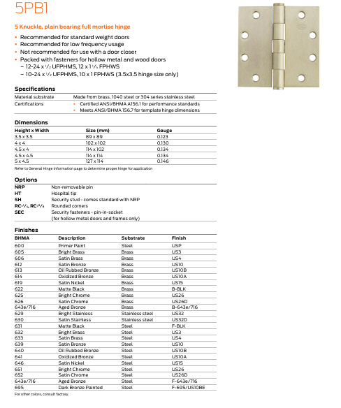 Ives - 5PB1 Brass/Stainless Steel 5 Knuckle, Plain Bearing Full Mortise Hinge