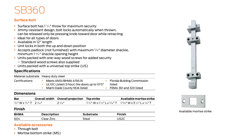 Ives - SB360 Steel Surface Bolt