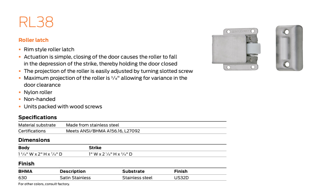 Ives - RL38 Stainless Steel Roller Latch, Surface Mount