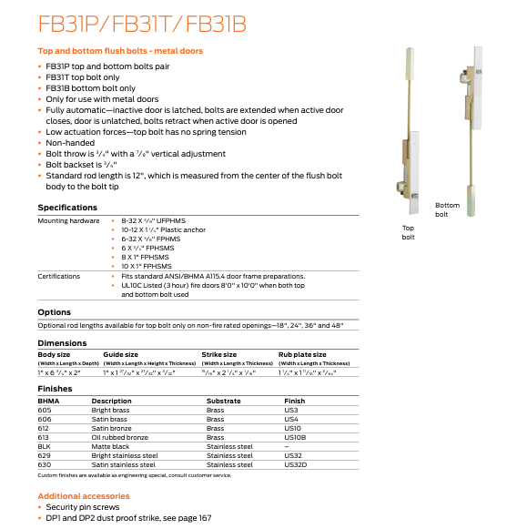 Ives - FB31 Automatic Flush Bolts for Metal Doors