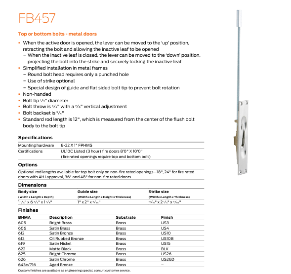 Ives - FB457 12" Manual Flush Bolt for Metal Door
