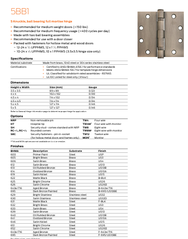 Ives - 5BB1 Steel, Square Corner, 5 Knuckle, Ball Bearing Mortise Hinge