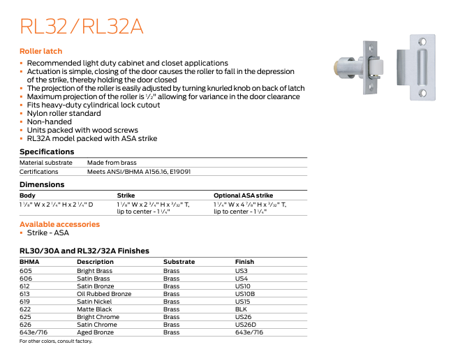 Ives - RL32 Brass Roller Latch