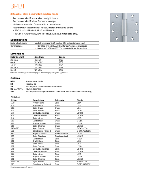 Ives - 3CB1 Steel 3 Knuckle, Concealed Bearing Full Mortise Hinge